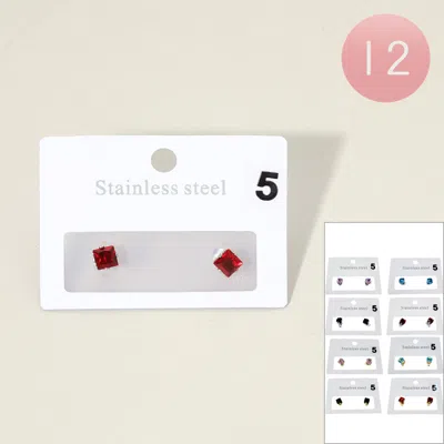 Fashnzfab 12pairs - Stainless Steel 0.5mm Square Stone Stud Earrings - Assorted In Multi