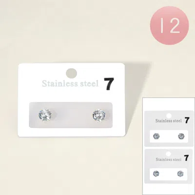 Fashnzfab 12pairs - Stainless Steel 0.7mm Round Stone Stud Earrings - Clear, Gold, Silver In Multi