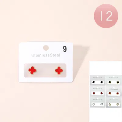 Fashnzfab 12pairs - Stainless Steel Mini Quatrefoil Stud Earrings In Multi