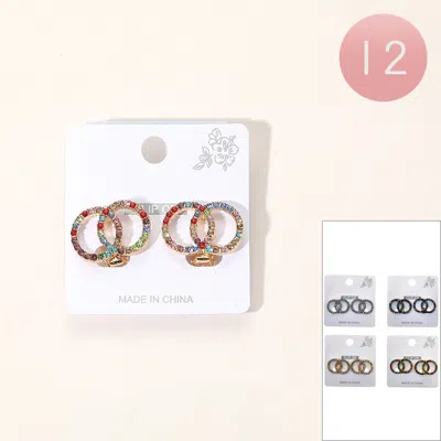 Fashnzfab 12pairs - Stone Paved Double Circle Clip On Earrings In Multi