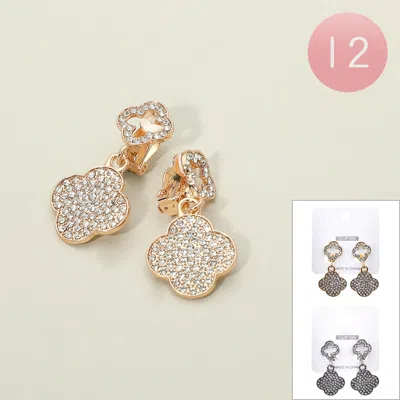 Fashnzfab 12pairs - Stone Paved Quatrefoil Dangle Clip On Earrings In Gold