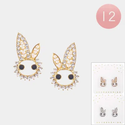 Fashnzfab 12pairs - Stone Pearl Paved Bunny Stud Earrings - Gold, Rhodium