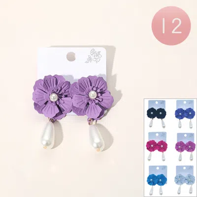 Fashnzfab 12pairs - Teardrop Pearl Dangle Flower Earrings In Purple
