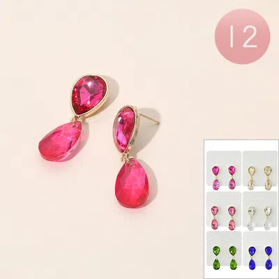 Fashnzfab 12pairs - Teardrop Stone Dangle Earrings In Pink