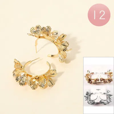 Fashnzfab 12pairs - Textured Metal Floral Hoop Earrings In Gold