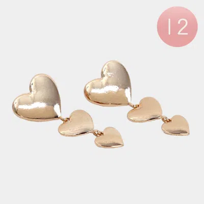 Fashnzfab 12pairs - Triple Metal Heart Link Dropdown Earrings In Gold