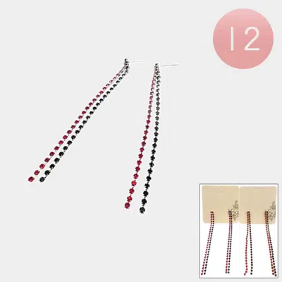 Fashnzfab 12pairs - 2-line Rhinestone Earrings In Pink