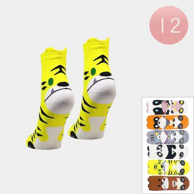 Fashnzfab 12pairs - Assorted Animal Fun Cotton Socks In Yellow