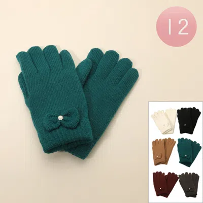 Fashnzfab 12pairs - Cable Knit Bow Detail Fleece Lining Gloves In Multi