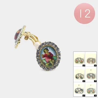 Fashnzfab 12pairs - Christian Theme Print Round Stone Trim Oval Clip On Earrings In Multi