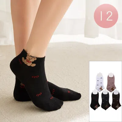 Fashnzfab 12pairs - Cute Teddy Bear Ankle Socks In Black
