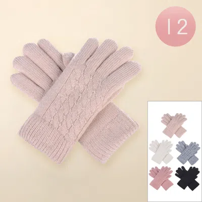 Fashnzfab 12pairs - Faux Fur Lining Classic Cable Knit Gloves In White