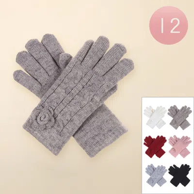 Fashnzfab 12pairs - Faux Fur Lining Flower Detail Cable Knit Gloves In Multi