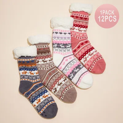 Fashnzfab 12pairs - Fuzzy Sherpa Cuff Christmas Pattern Socks In Multi
