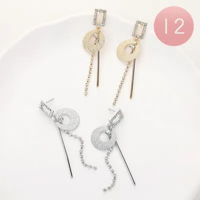 Fashnzfab 12pairs - Geometric Metal Bar Rhinestone Dropdown Dangle Earrings In Silver