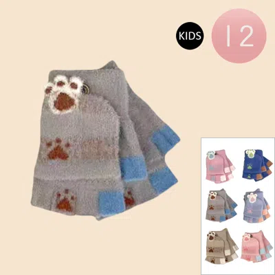 Fashnzfab 12pairs - Kids Paw Fingerless Flip Top Knit Winter Gloves In Multi