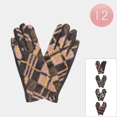 Fashnzfab 12pairs - Lurex Plaid Check Patterned Touch Smart Winter Gloves In Multi
