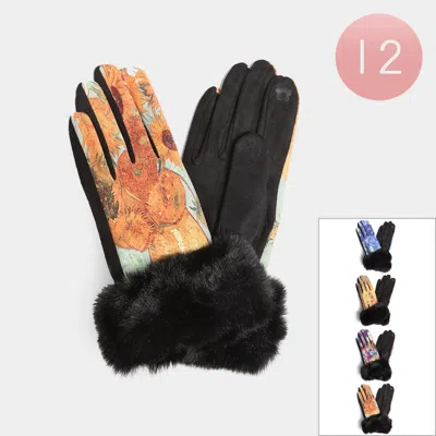 Fashnzfab 12pairs - Painting Print Faux Fur Cuff Touch Smart Winter Gloves In Multi