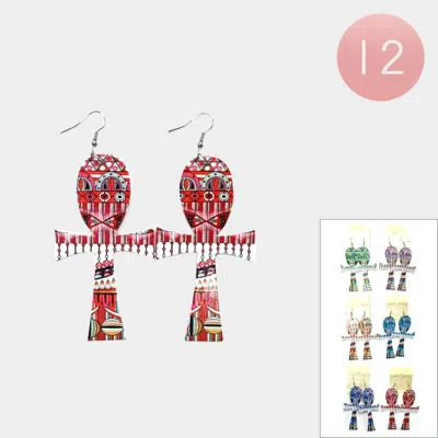 Fashnzfab 12pairs - Patterned Wood Cross Dangle Earrings In Pink