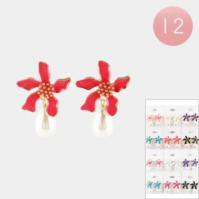Fashnzfab 12pairs - Pearl Drop Floral Earrings In Red