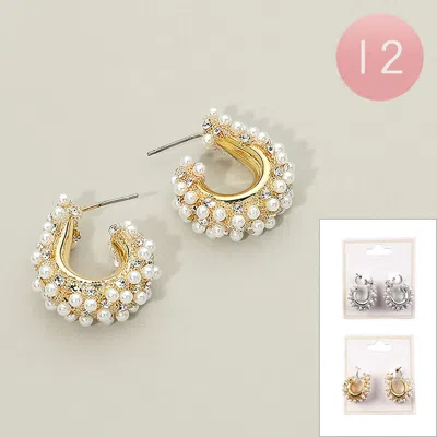 Fashnzfab 12pairs - Pearl Embellished Chunky Mini Hoop Earrings In Multi