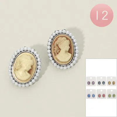 Fashnzfab 12pairs - Pearl Frame Vintage Cameo Stud Earrings In Multi