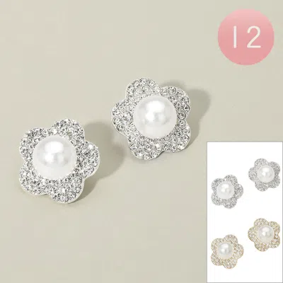 Fashnzfab 12pairs - Pearl Pointed Stone Paved Flower Stud Earrings In White