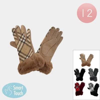 Fashnzfab 12pairs - Plaid Pattern Faux Fur Cuff Smart Touch Winter Gloves In Multi