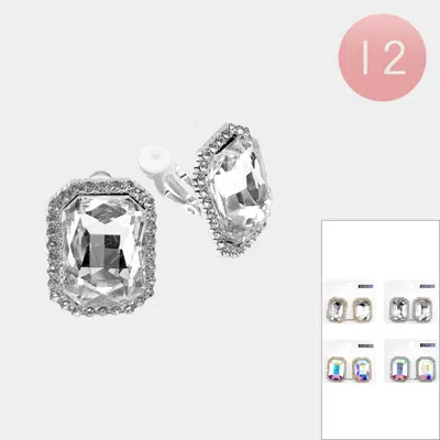 Fashnzfab 12pairs - Rectangular Stone Halo Frame Clip On Earrings In Metallic