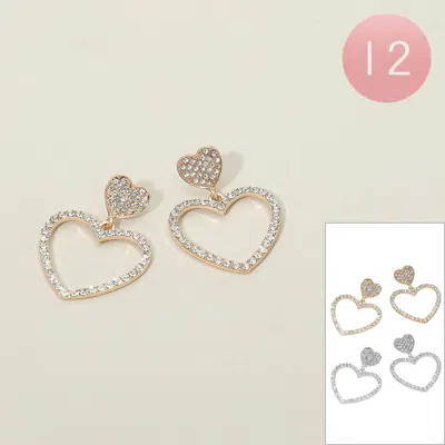 Fashnzfab 12pairs - Rhinestone Pave Double Heart Drop Earrings In Silver