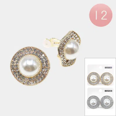 Fashnzfab 12pairs - Rhinestone Pave Halo Round Pearl Clip On Earrings In Multi