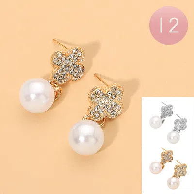 Fashnzfab 12pairs - Rhinestone Pave Quatrefoil Pearl Drop Earrings In Multi
