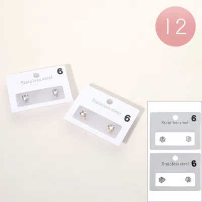 Fashnzfab 12pairs - Stainless Steel 0.6mm Round Stone Stud Earrings In Silver