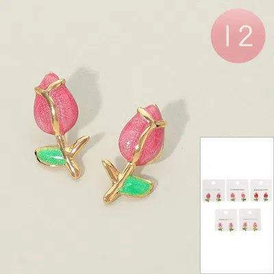 Fashnzfab 12pairs - Stainless Steel Enamel Flower Stem Stud Earrings In Multi