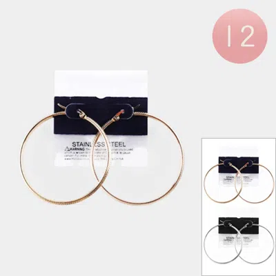 Fashnzfab 12pairs - Stainless Steel Textured Pin Catch Hoop Earrings In Multi