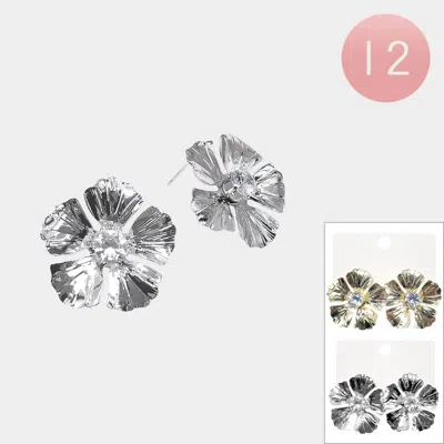 Fashnzfab 12pairs - Stone Center Textured Metal Flower Stud Earrings In Gray