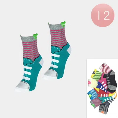 Fashnzfab 12pairs - Striped Shoe Lace Fun Cotton Socks In Multi