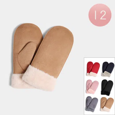 Fashnzfab 12pairs - Suede Faux Fur Cuff Mittens In Multi