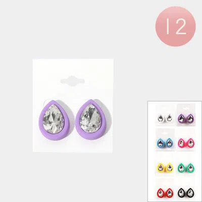 Fashnzfab 12pairs - Teardrop Stone Stud Earrings In Pink