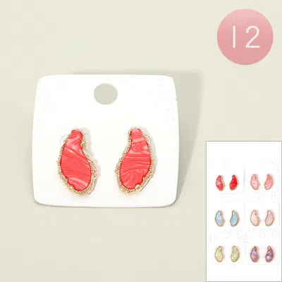 Fashnzfab 12pairs - Textured Frame Organic Shape Stone Stud Earrings In Pink