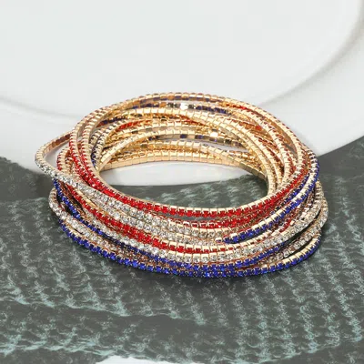 Fashnzfab 12pcs - American Usa Rhinestone Stretch Multi Layered Bracelets Gold, Multi