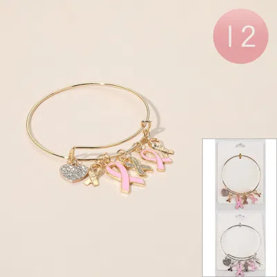 Fashnzfab 12pcs - Awareness Pink Ribbon Beaded Stretch Bracelets In Gold