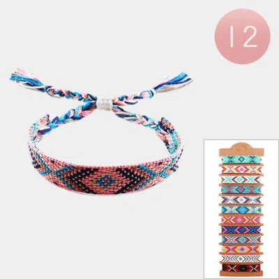Fashnzfab 12pcs - Bohemian Aztec Pattern Braided Cinch Pull Tie Bracelets In Multi