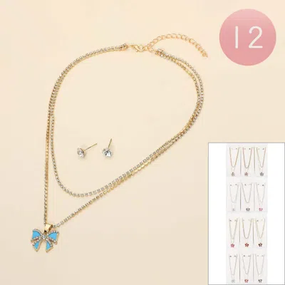 Fashnzfab 12pcs - Bow Pendant Accent Layered Tennis Chain Necklaces - Assorted In Multi