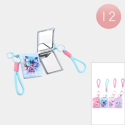 Fashnzfab 12pcs - Butterfly Flower Printed Bag Charm Keychain Cosmetic Mirrors In White