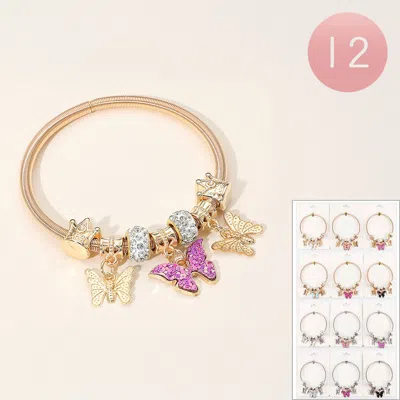 Fashnzfab 12pcs - Butterfly Metal Crown Charm Beaded Stretch Bracelets Assorted In Multi