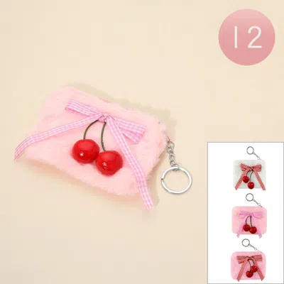 Fashnzfab 12pcs - Cherry Bow Accent Fuzzy Fur Keychain Mini Pouch Coin Purse In Multi