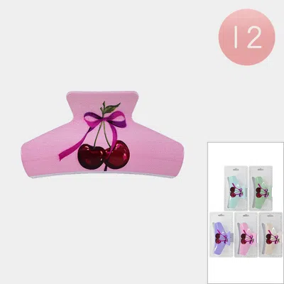 Fashnzfab 12pcs - Cherry Bow Printed Hair Claw Clips In Pink