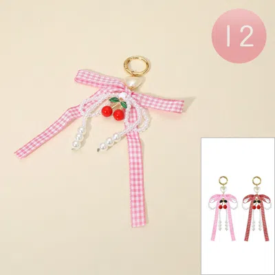 Fashnzfab 12pcs - Cherry Charm Accent Pearl Beaded Gingham Bow Bag Charm Keychains In Pink