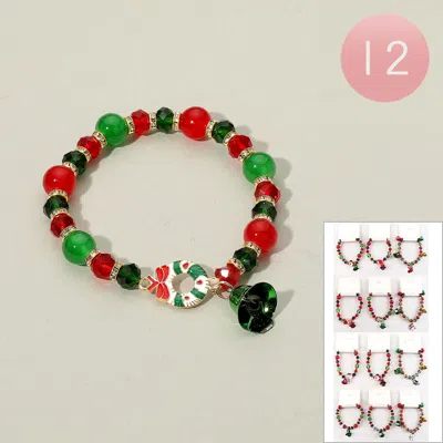 Fashnzfab 12pcs - Christmas Bell Charm Beaded Stretch Bracelets In Multi